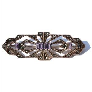 Vintage Amethyst Marcasite Sterling Silver Brooch